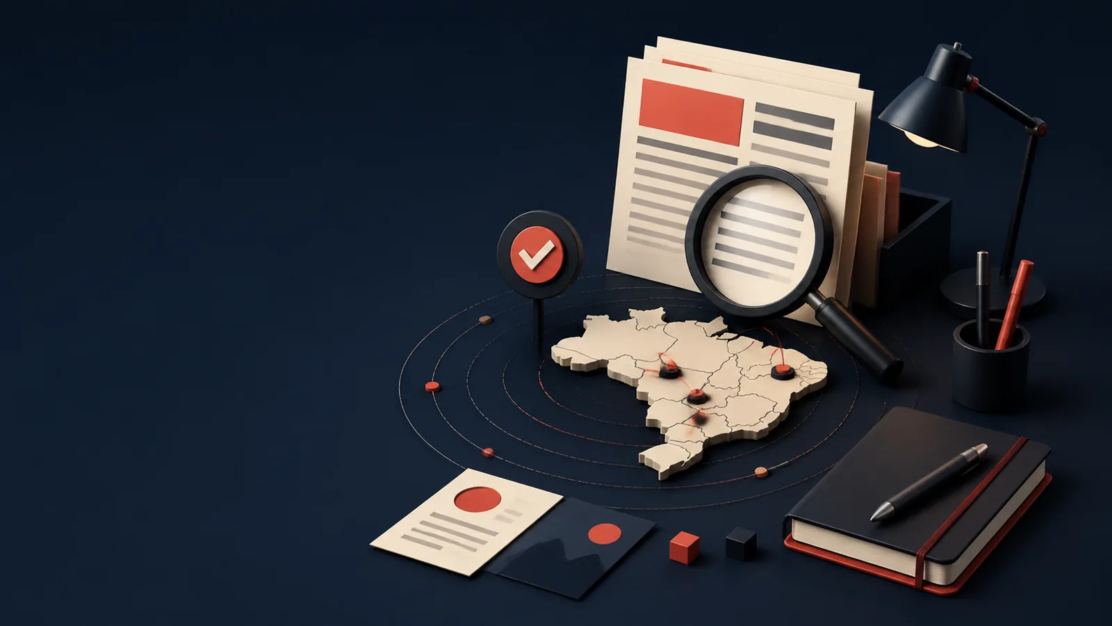 Ilustração editorial com documentos, lupa e pontos de informação conectados